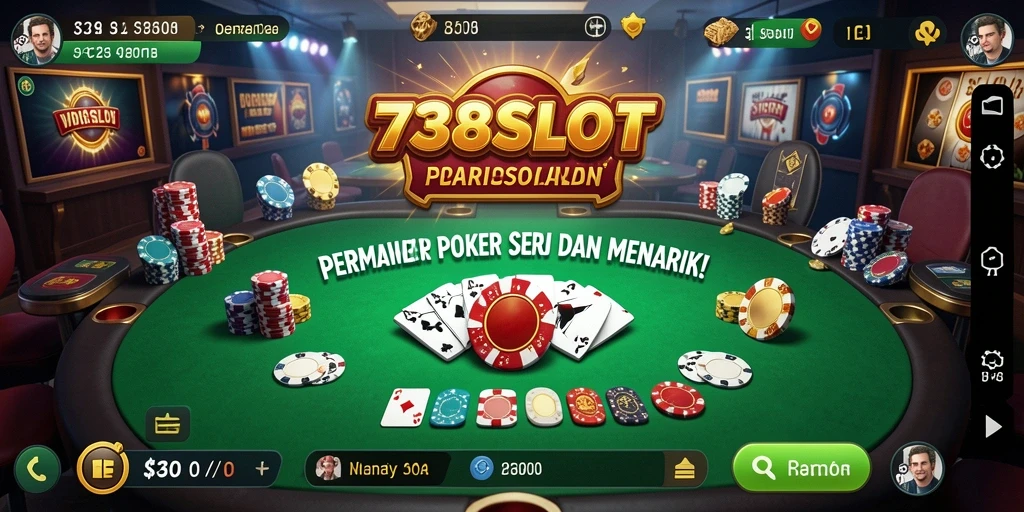Screenshot permainan 738SLOT menampilkan aksi seru di meja poker.