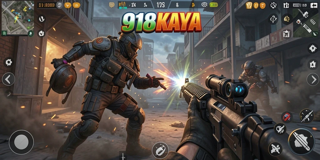 Screenshot gameplay <strong>918KAYA</strong> menampilkan aksi seru dalam pertempuran FPS.