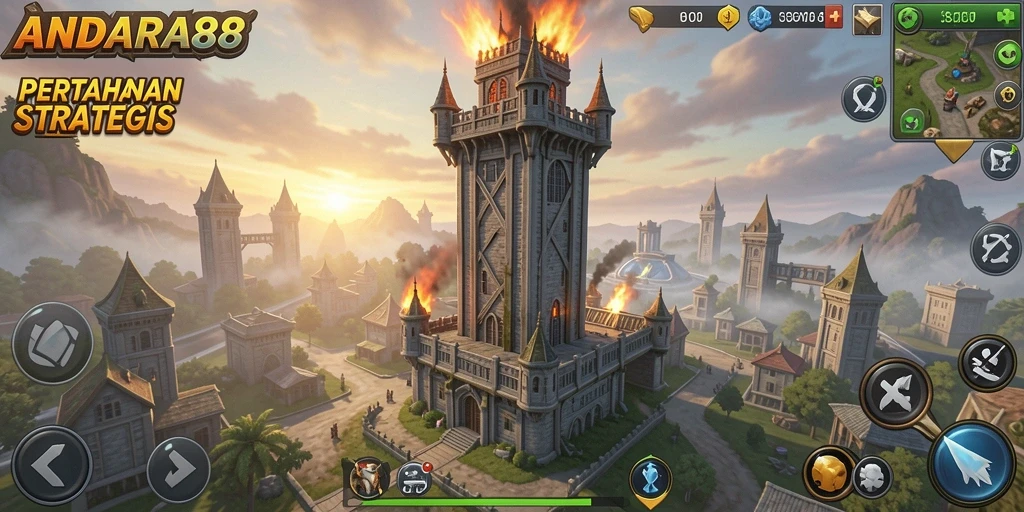 Screenshot gameplay ANDARA88 yang menampilkan pertahanan menara yang intens.