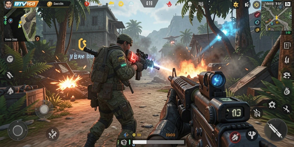 Screenshot gameplay BTV168 dengan aksi pertempuran TPS yang intens.