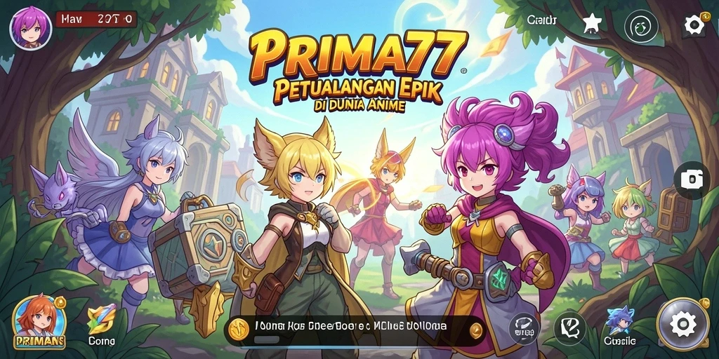 Screenshot utama PRIMA77 menampilkan aksi intens dalam pertempuran karakter Anime.