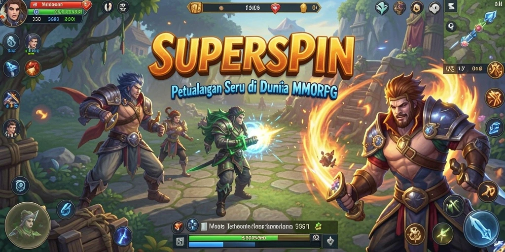 Tangkapan layar gameplay SUPERSPIN yang menampilkan pertempuran epik.