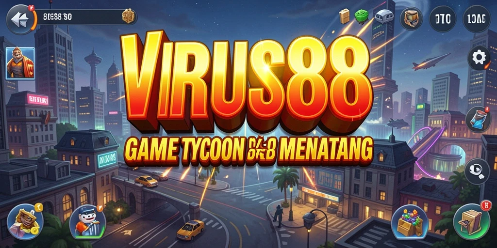 Tampilan gameplay <strong>VIRUS88</strong> yang menarik dengan berbagai opsi bisnis.