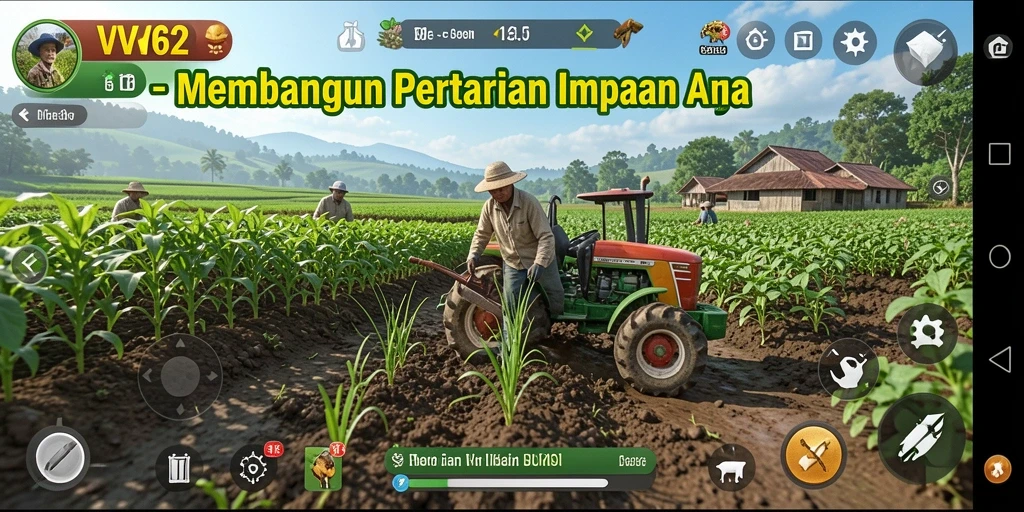 Tangkapan layar permainan VV62 yang menampilkan kebun yang subur dan aktif.